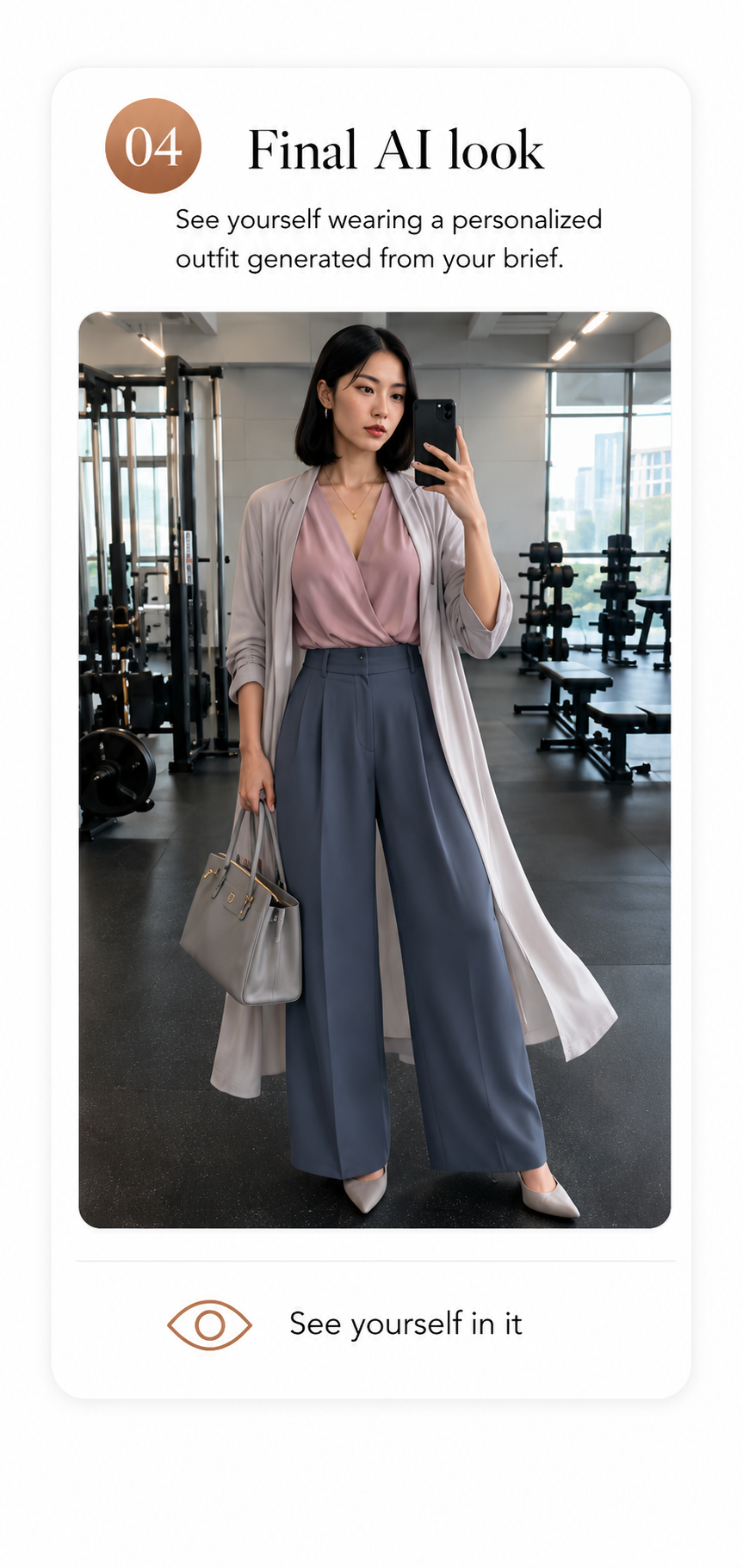 Step 4 Final AI look card showing the generated outfit result.