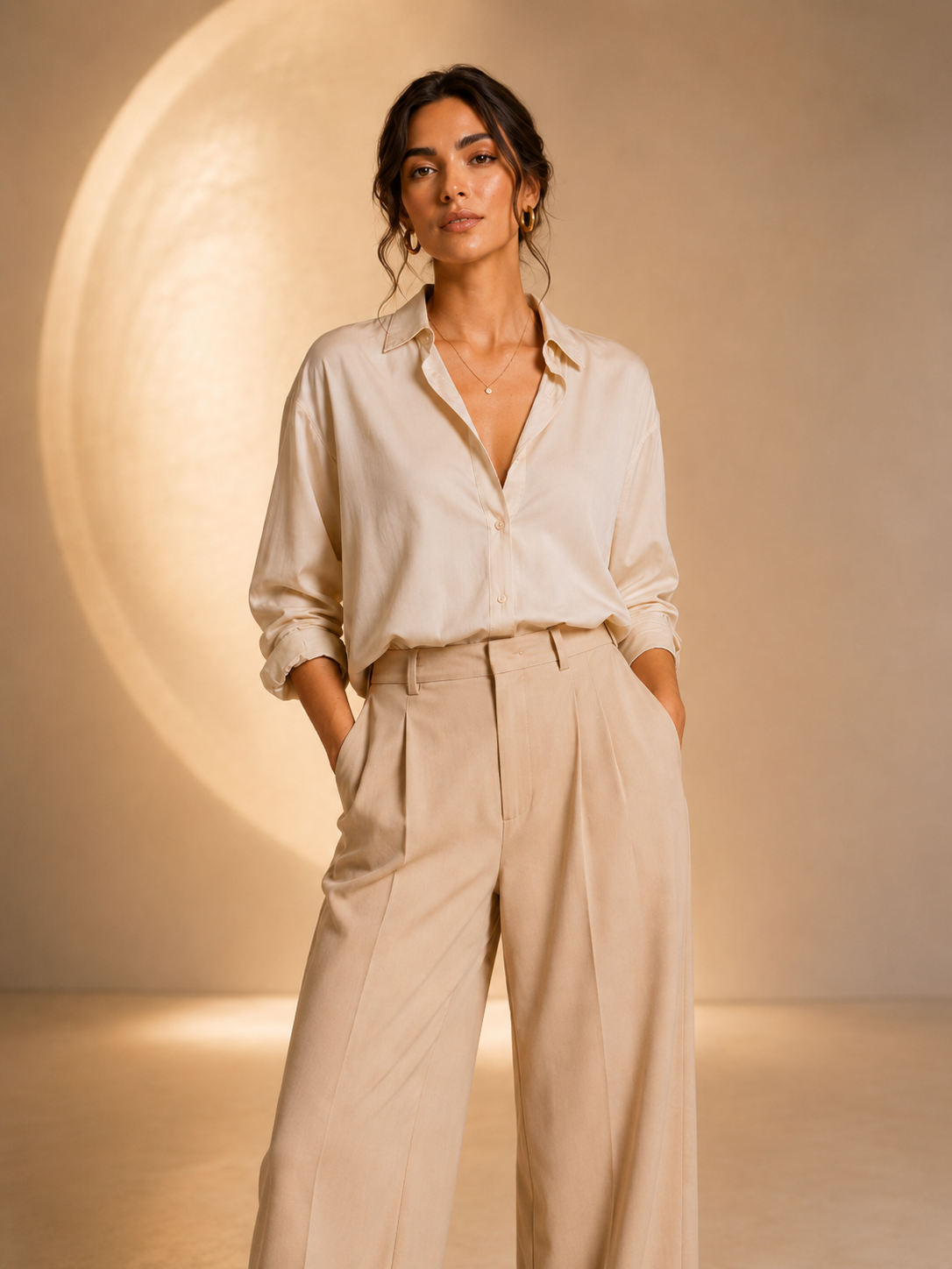 Look One in a warm cream shirt and matching wide-leg trousers