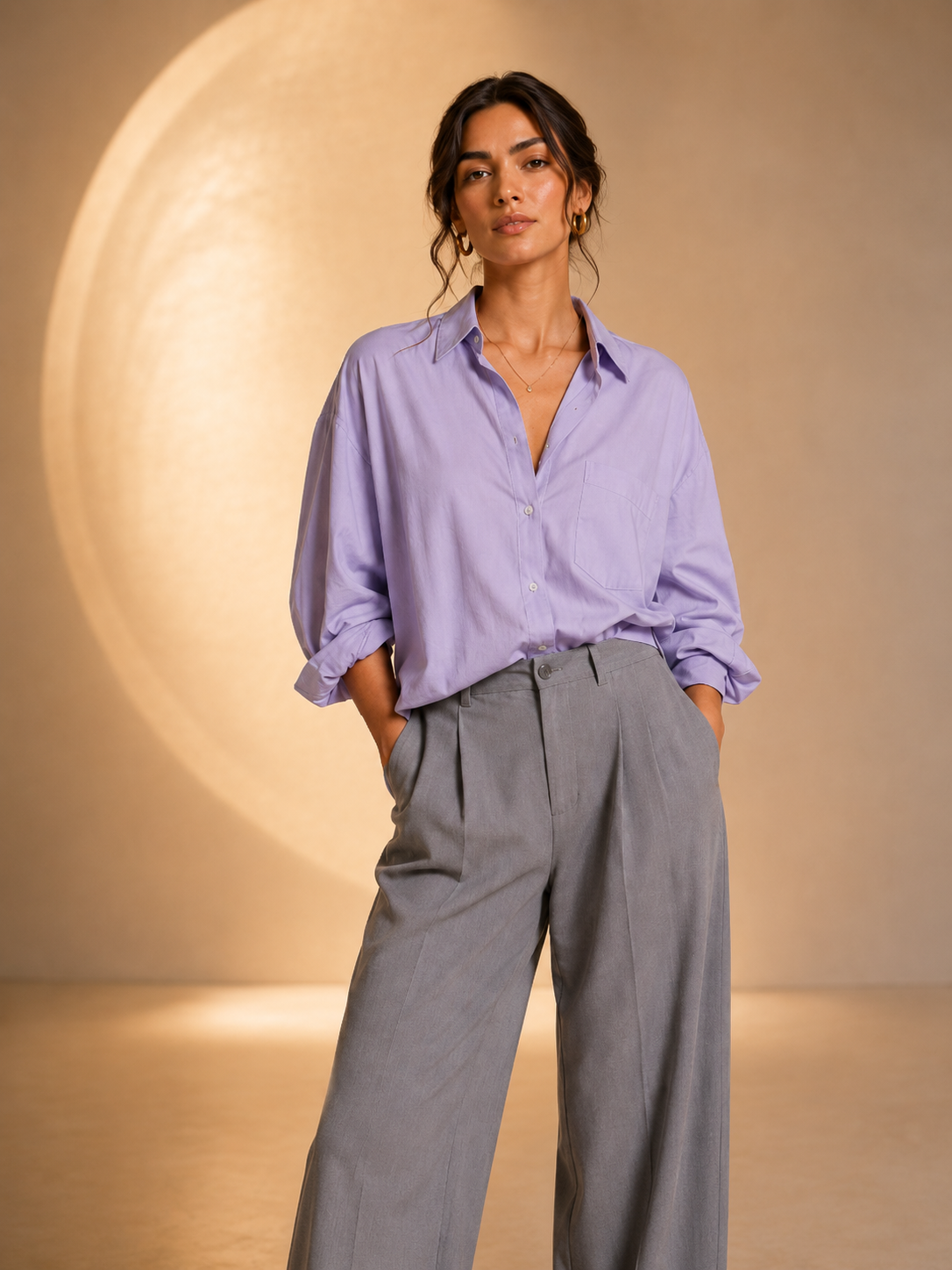 Look Two in a lilac shirt and grey wide-leg trousers